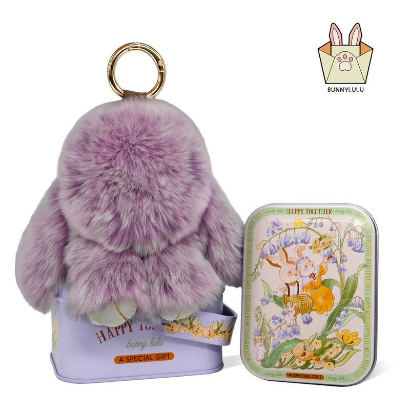 Bunnylulu Handmade Fluffy Bunny Pompom Keychain with Designed Tin Box, – Cute Eater Basket Gift, Travel Accessory & Birthday Present for Girls & Women
