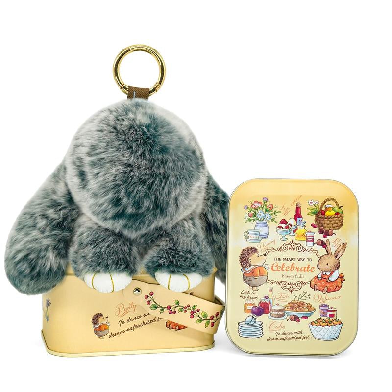 Bunnylulu Handmade Fluffy Bunny Pompom Keychain with Designed Tin Box, – Cute Eater Basket Gift, Travel Accessory & Birthday Present for Girls & Women