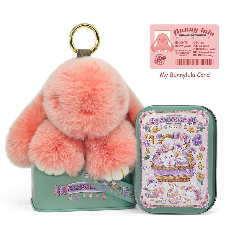 Bunnylulu Handmade Fluffy Bunny Pompom Keychain with Designed Tin Box, – Cute Eater Basket Gift, Travel Accessory & Birthday Present for Girls & Women
