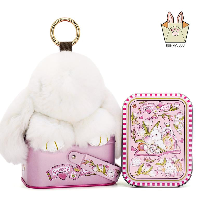 Bunnylulu Handmade Fluffy Bunny Pompom Keychain with Designed Tin Box, – Cute Eater Basket Gift, Travel Accessory & Birthday Present for Girls & Women