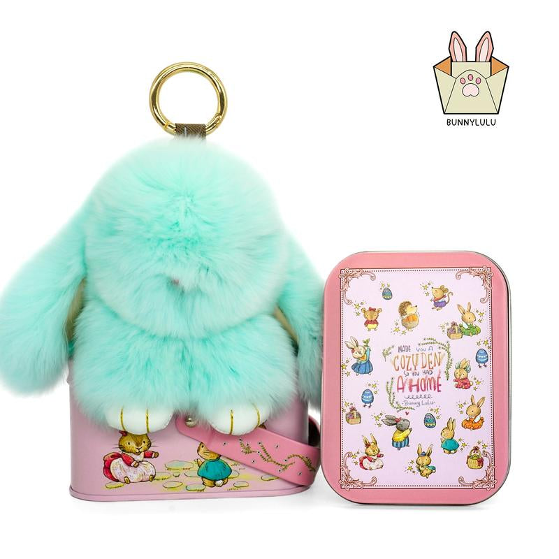 Bunnylulu Handmade Fluffy Bunny Pompom Keychain with Designed Tin Box, – Cute Eater Basket Gift, Travel Accessory & Birthday Present for Girls & Women