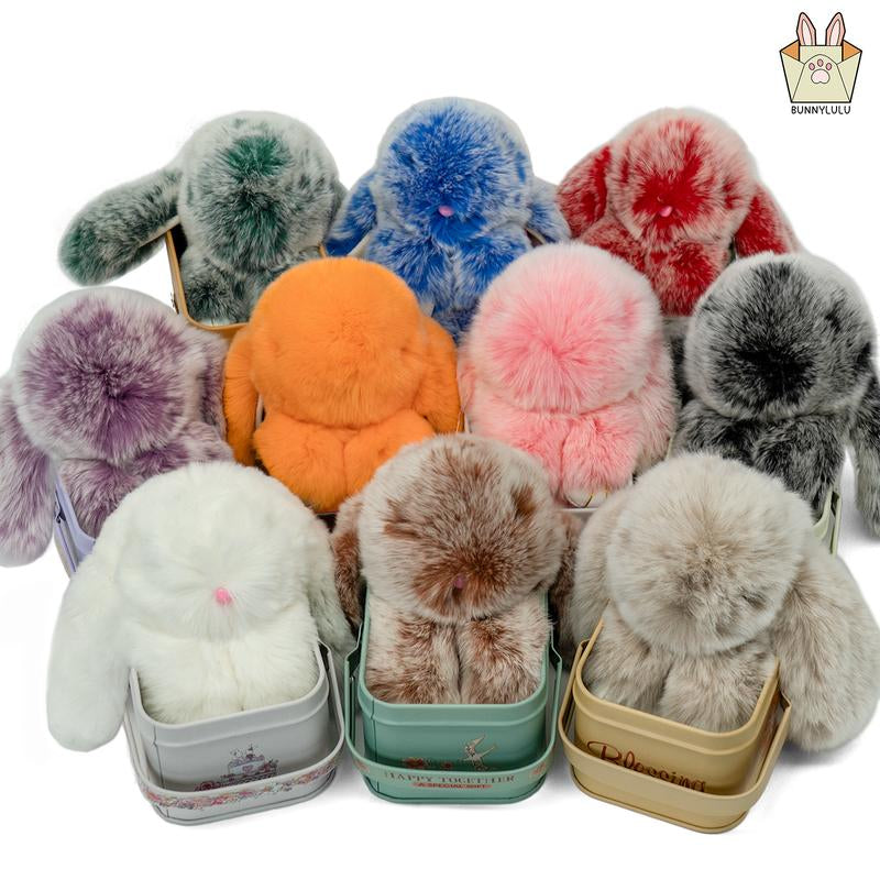 Bunnylulu Handmade Fluffy Bunny Pompom Keychain with Designed Tin Box, – Cute Eater Basket Gift, Travel Accessory & Birthday Present for Girls & Women