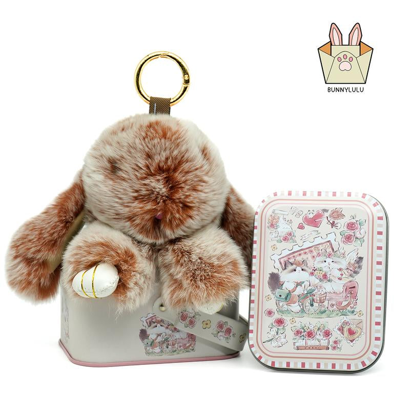 Bunnylulu Handmade Fluffy Bunny Pompom Keychain with Designed Tin Box, – Cute Eater Basket Gift, Travel Accessory & Birthday Present for Girls & Women