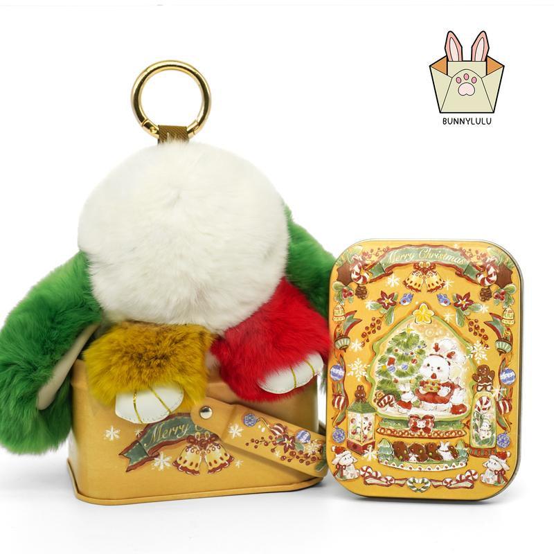 Bunnylulu Handmade Fluffy Bunny Pompom Keychain with Designed Tin Box, – Cute Eater Basket Gift, Travel Accessory & Birthday Present for Girls & Women