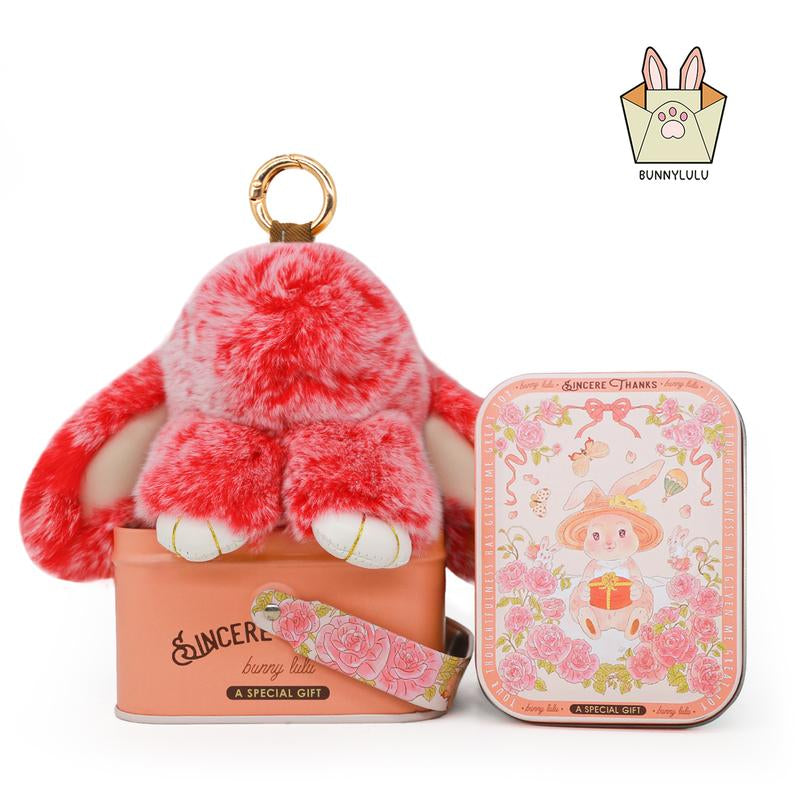 Bunnylulu Handmade Fluffy Bunny Pompom Keychain with Designed Tin Box, – Cute Eater Basket Gift, Travel Accessory & Birthday Present for Girls & Women