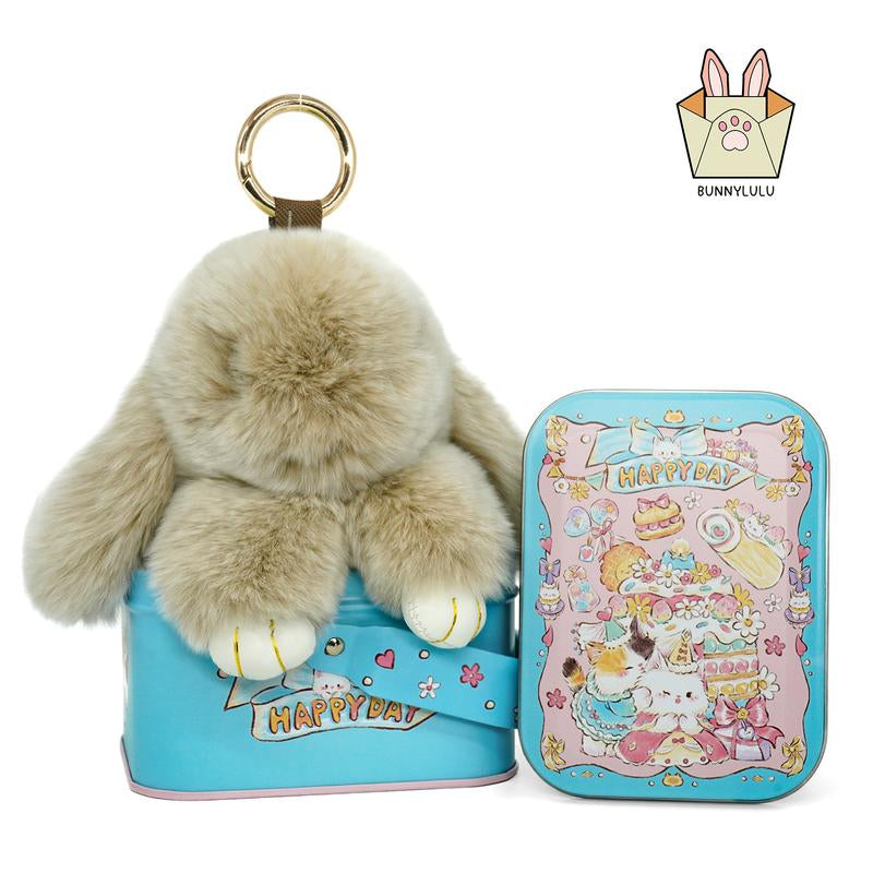 Bunnylulu Handmade Fluffy Bunny Pompom Keychain with Designed Tin Box, – Cute Eater Basket Gift, Travel Accessory & Birthday Present for Girls & Women