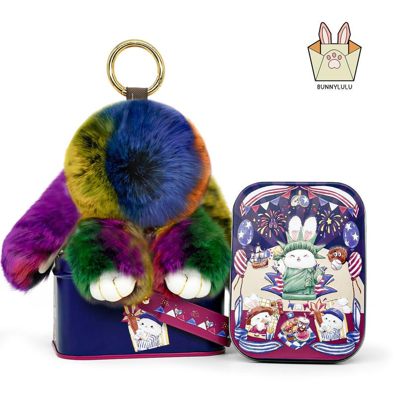 Bunnylulu Handmade Fluffy Bunny Pompom Keychain with Designed Tin Box, – Cute Eater Basket Gift, Travel Accessory & Birthday Present for Girls & Women