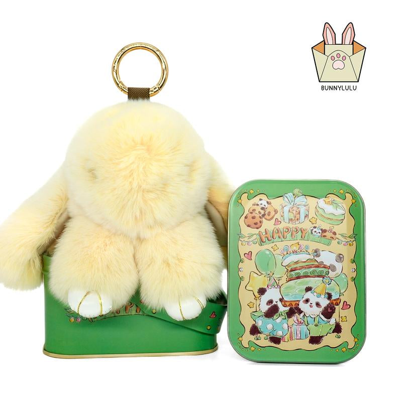 Bunnylulu Handmade Fluffy Bunny Pompom Keychain with Designed Tin Box, – Cute Eater Basket Gift, Travel Accessory & Birthday Present for Girls & Women