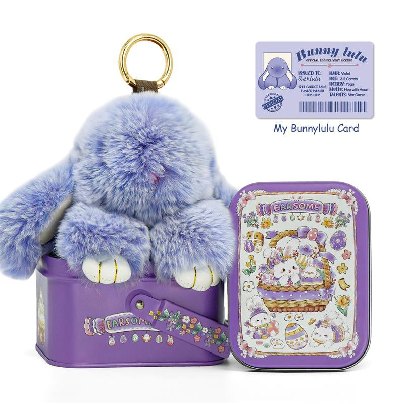 Bunnylulu Handmade Fluffy Bunny Pompom Keychain with Designed Tin Box, – Cute Eater Basket Gift, Travel Accessory & Birthday Present for Girls & Women