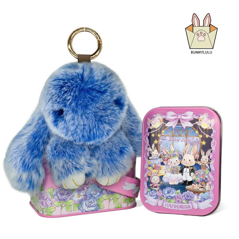 Bunnylulu Handmade Fluffy Bunny Pompom Keychain with Designed Tin Box, – Cute Eater Basket Gift, Travel Accessory & Birthday Present for Girls & Women