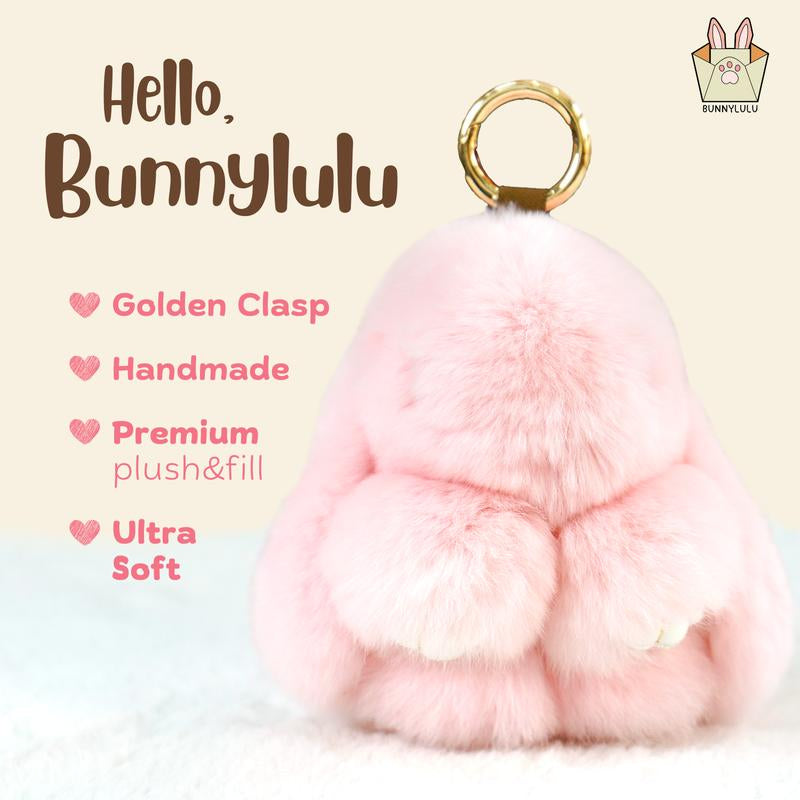 Bunnylulu Handmade Fluffy Bunny Pompom Keychain with Designed Tin Box, – Cute Eater Basket Gift, Travel Accessory & Birthday Present for Girls & Women