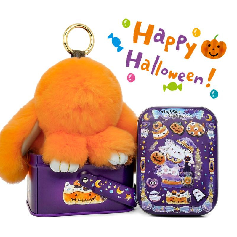 Bunnylulu Handmade Fluffy Bunny Pompom Keychain with Designed Tin Box, – Cute Eater Basket Gift, Travel Accessory & Birthday Present for Girls & Women