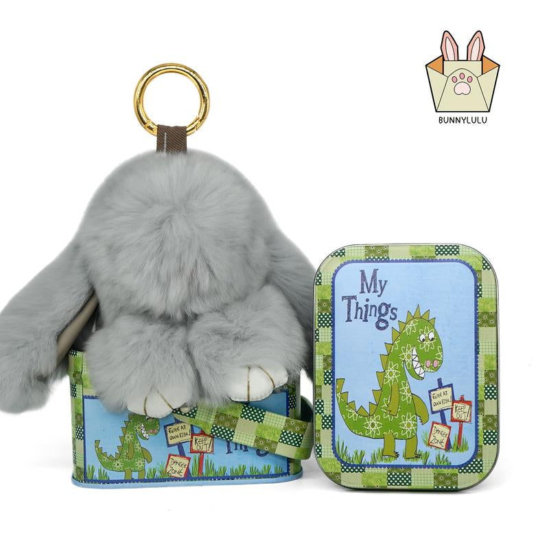 Bunnylulu Handmade Fluffy Bunny Pompom Keychain with Designed Tin Box, – Cute Eater Basket Gift, Travel Accessory & Birthday Present for Girls & Women