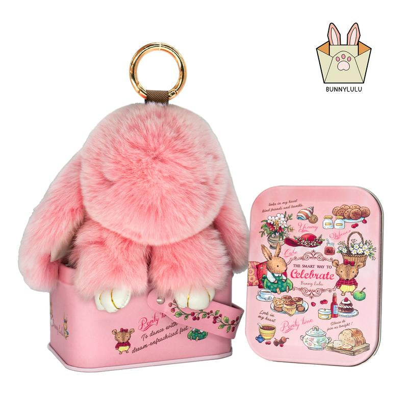 Bunnylulu Handmade Fluffy Bunny Pompom Keychain with Designed Tin Box, – Cute Eater Basket Gift, Travel Accessory & Birthday Present for Girls & Women